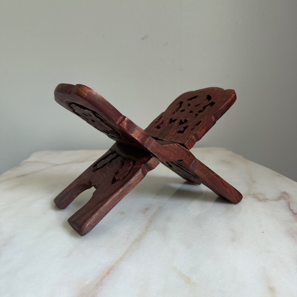 New Age Imports Hand Carved Wood Folding Book Stand Rehal Floral 6in Red Brown